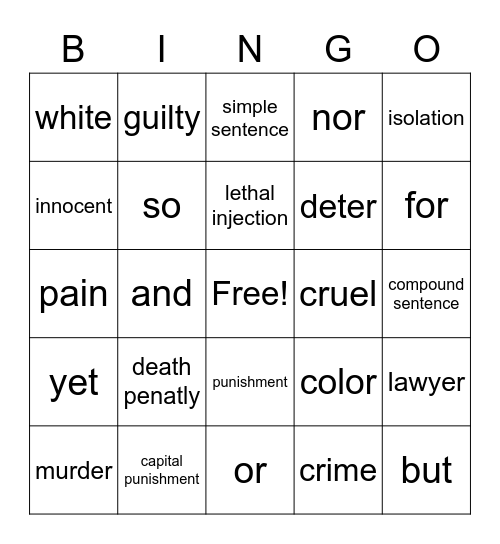 Death Penalty Vocab Bingo Card