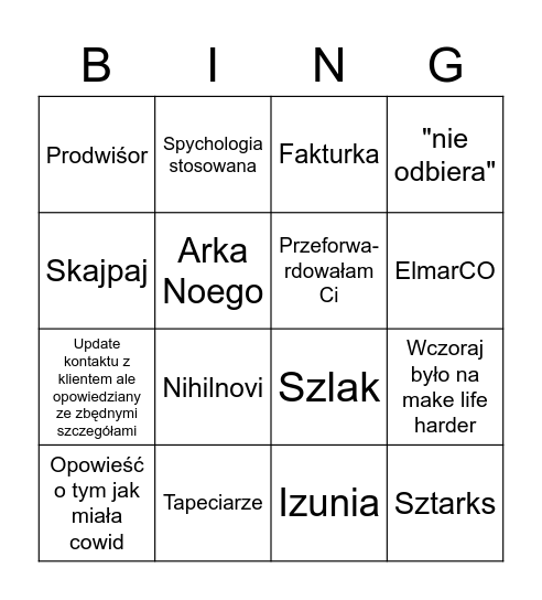 Pani Kadet Bingo Card