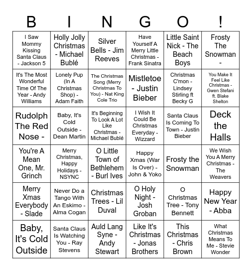 Christmas Songs Bingo Card