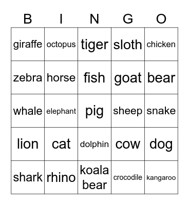 Animals Name Bingo Card