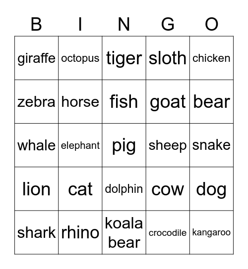 Animals Name Bingo Card