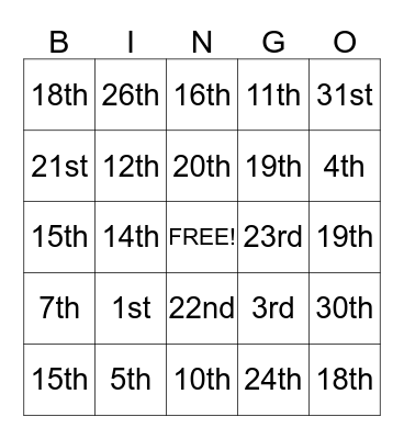 ORDINAL NUMBERS Bingo Card
