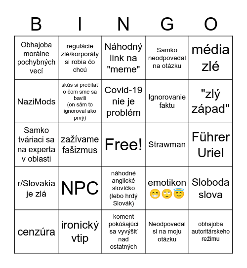 Cottage r/Slovakia user Bingo Card