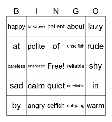 Personality Bingo Card