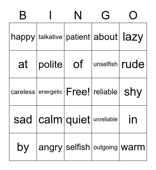 Personality Bingo Card