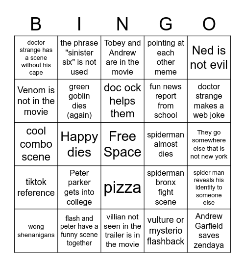 Spiderman Bingo Card