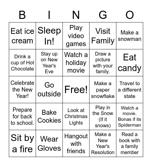 Winter Break BINGO Card