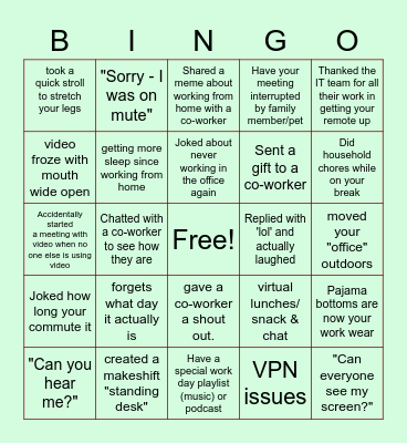 Remote Work Bingo Card