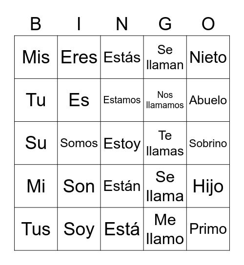 Spanish One Midterm Review Bingo Card