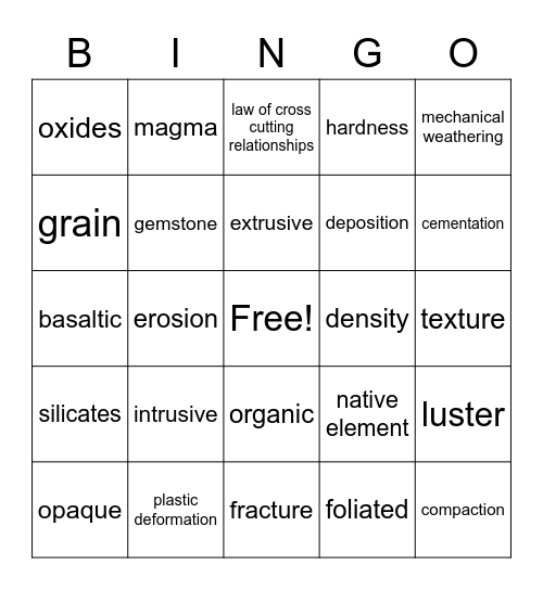 Rocks and Minerals Bingo Card