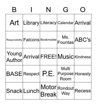 Rondout Kindergarten Bingo Card