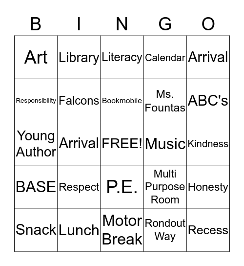 Rondout Kindergarten Bingo Card