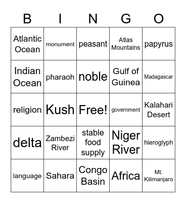 Africa--Egypt/Kush Bingo Card