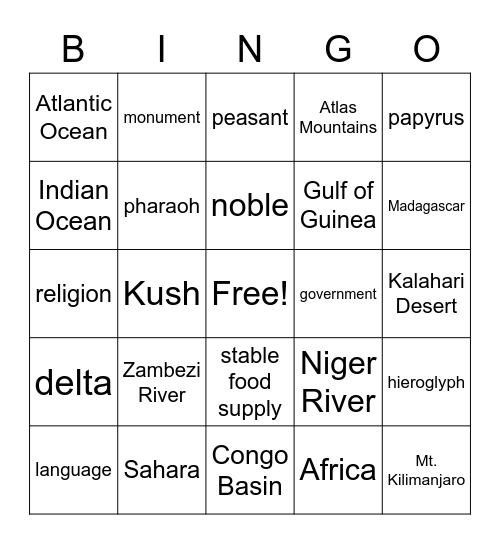 Africa--Egypt/Kush Bingo Card