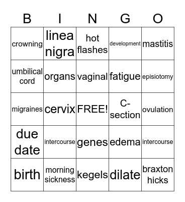 Nadia's Baby Shower Bingo Card