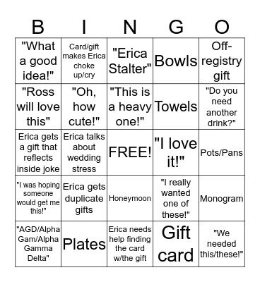 Erica's Bridal Shower Lingo Bingo Card