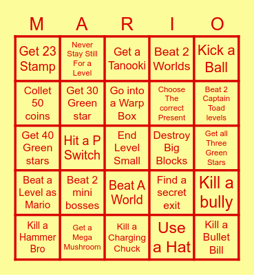 Mario 3D World Bingo Card