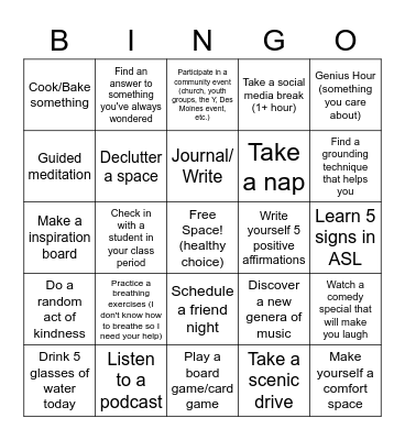 Winter Break Self-Care Bingo Card