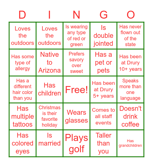 Drury Inn and Suites Bingo Card
