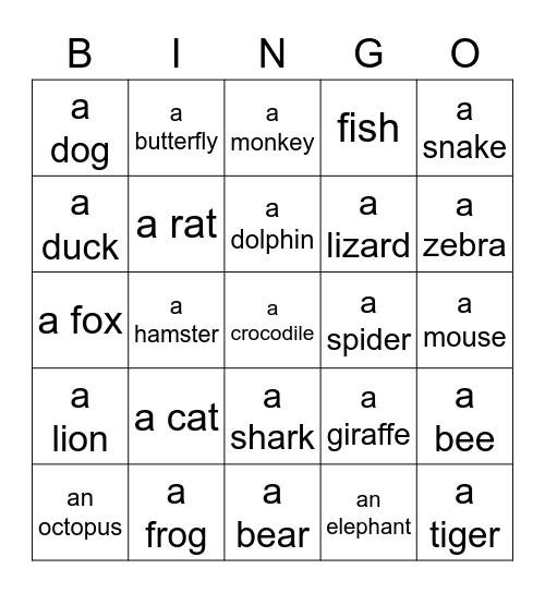 Animals Bingo Card