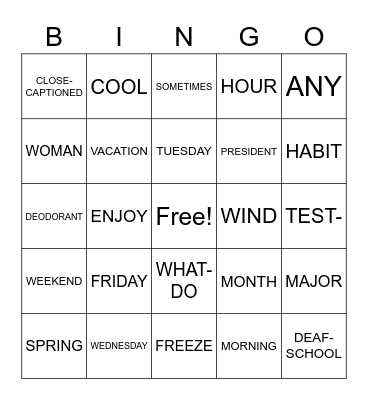 ASL I Bingo Lessons 11-15 Bingo Card