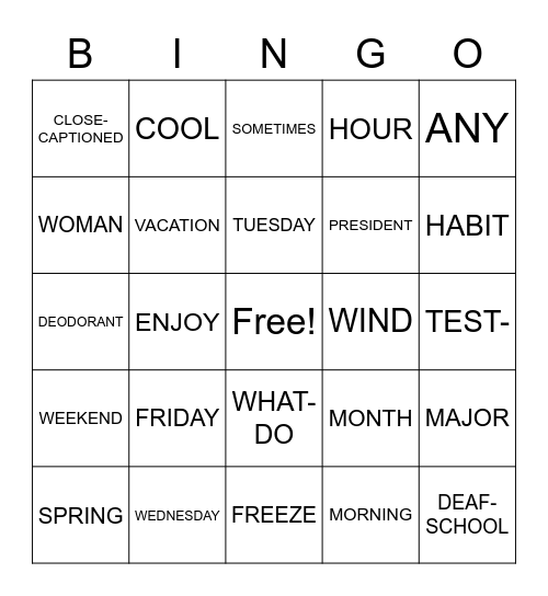 ASL I Bingo Lessons 11-15 Bingo Card