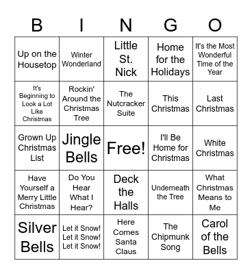 Holiday Song Bingo Card