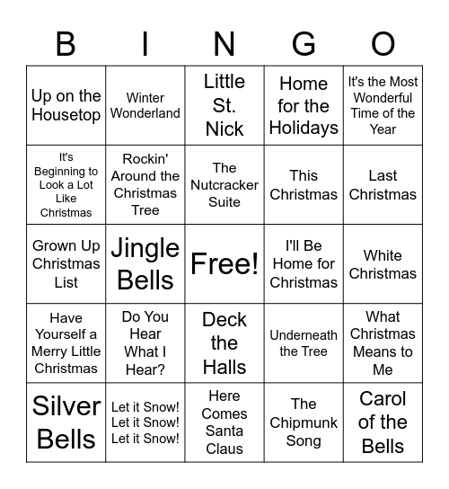 Holiday Song Bingo Card