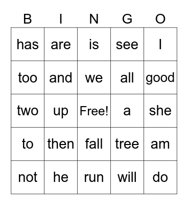 K sight words Bingo Card