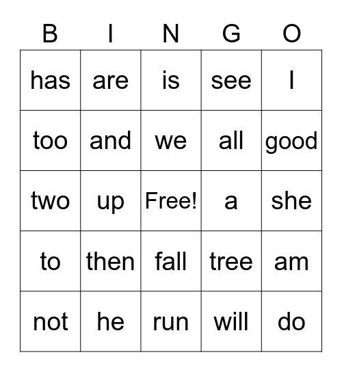 K sight words Bingo Card
