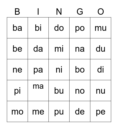 Las sillabas Bingo Card