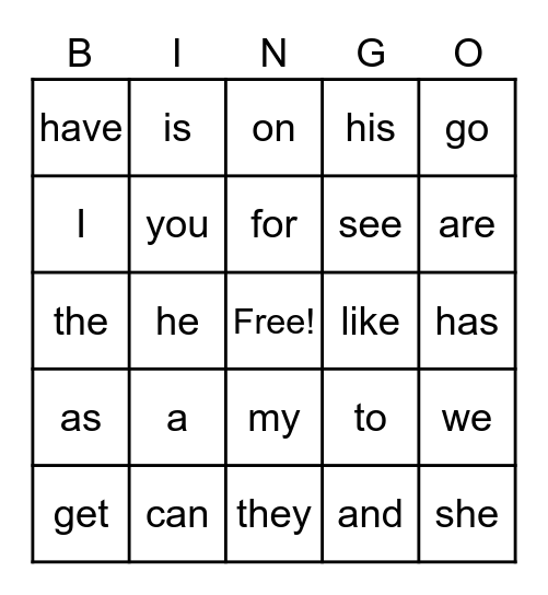 Heart Words (Lists 1 and 2) Bingo Card
