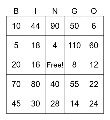 Multiplication Bingo Card