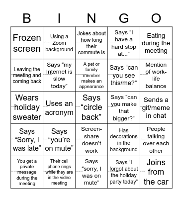 ANA Holiday Party Bingo Card