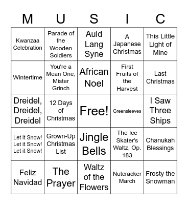 Winter Holiday Music Bingo Card