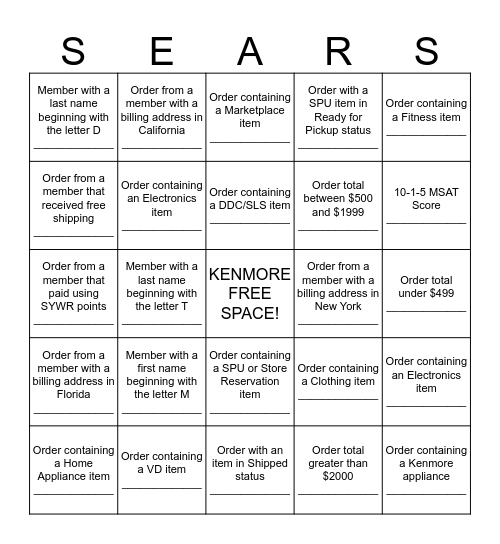Sears MSO Bingo Card