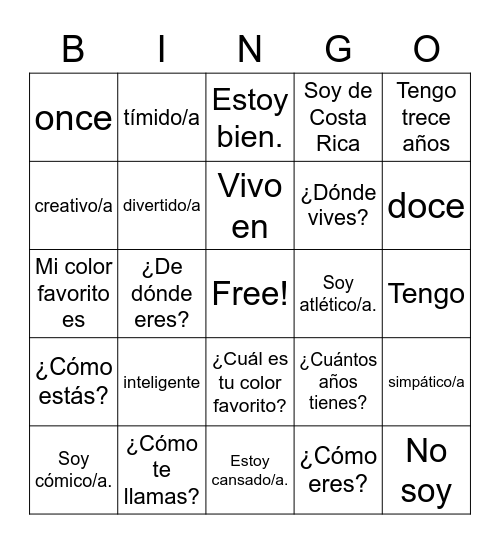 Getting to Know You -Spanish Bingo Card