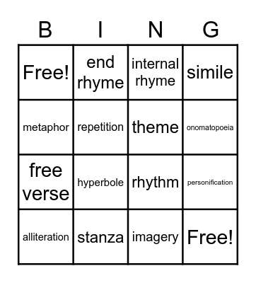 Poetry Vocabulary Bingo Card