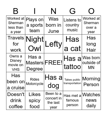 Getting to know you BINGO Card