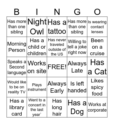 Getting to know you BINGO Card
