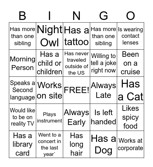 Getting to know you BINGO Card