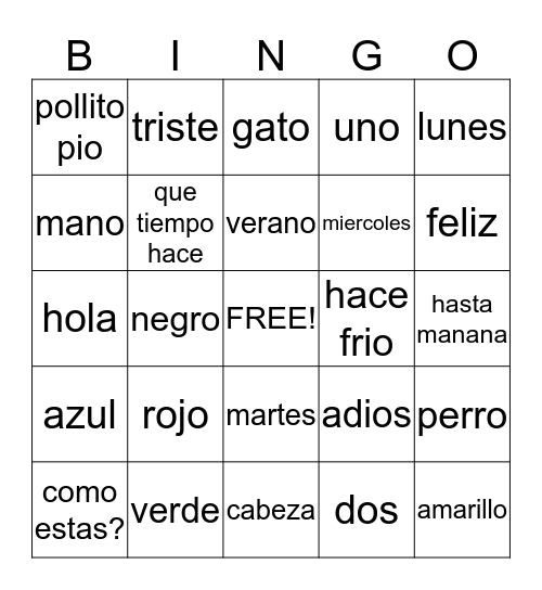 2nd grade Spanish Bingo Card