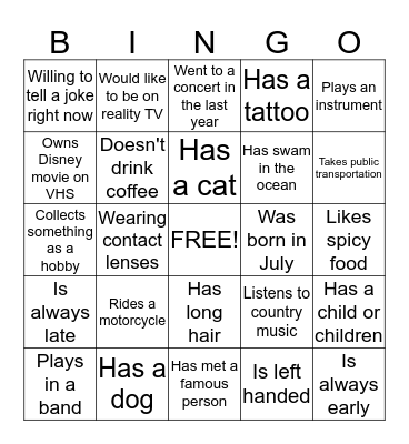 Getting to know you BINGO Card