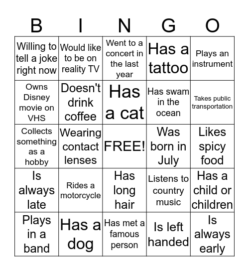 Getting to know you BINGO Card