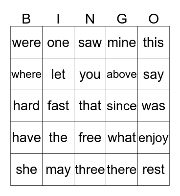 Sight Word Bingo Card