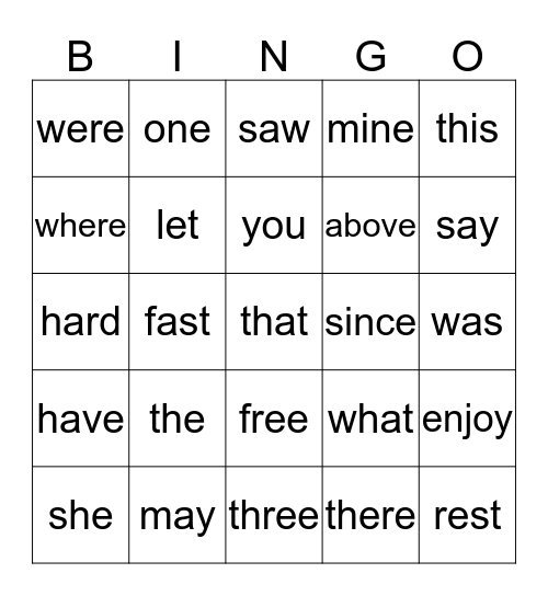 Sight Word Bingo Card