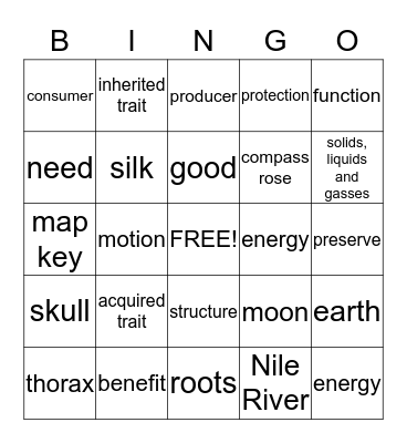Science/ Social Studies Bingo Card