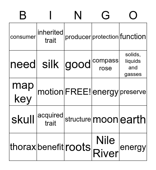 Science/ Social Studies Bingo Card