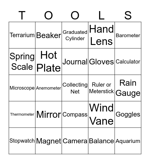 Science Tools Bingo Card