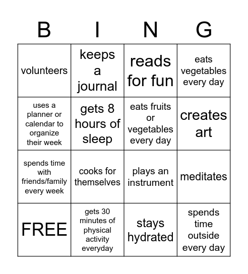 Wellness Bingo Card